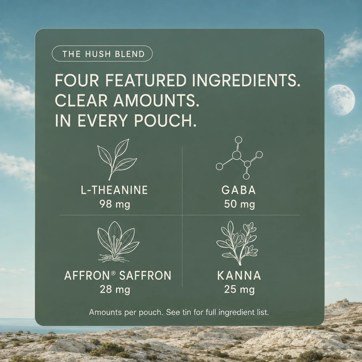 Four featured Hush ingredients per pouch: L-theanine 98 mg, GABA 50 mg, affron saffron 28 mg, and Kanna 25 mg. See the tin for the full ingredient list.