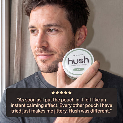 AI-generated model holding a Hush Mint tin beside a five-star testimonial about a calming effect without jitters.